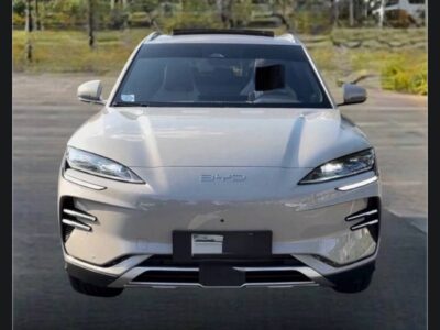 BYD Song Plus EV front exterior view in Time Grey color