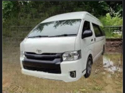Image 1 (2023 Toyota HiAce (H200) High Roof (2).jpg): Front right three-quarter view of a white 2024 Toyota HiAce H200 high roof travel van for sale on megebeya.com in Addis Ababa Ethiopia