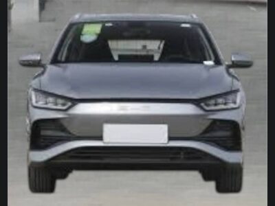 1:Front exterior view of metallic Time Grey BYD e2 electric hatchback for sale on Megebeya Ethiopia