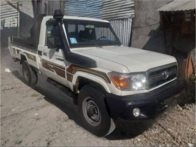 1:Front right three-quarter view of white 2009 Toyota Land Cruiser LC79 single-cab pickup with snorkel intake